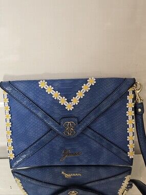 Guess Blue Daisy-Trim Envelope Clutch